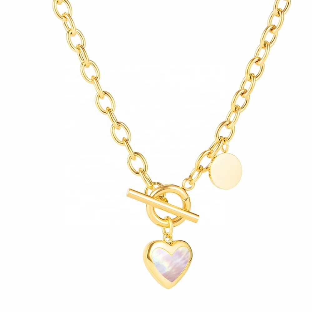 

MECYLIFE OT Closure Stainless Steel Heart Necklace Women Natural Shell Necklace With Disc Charm Link Chain Necklace, Gold,rose gold