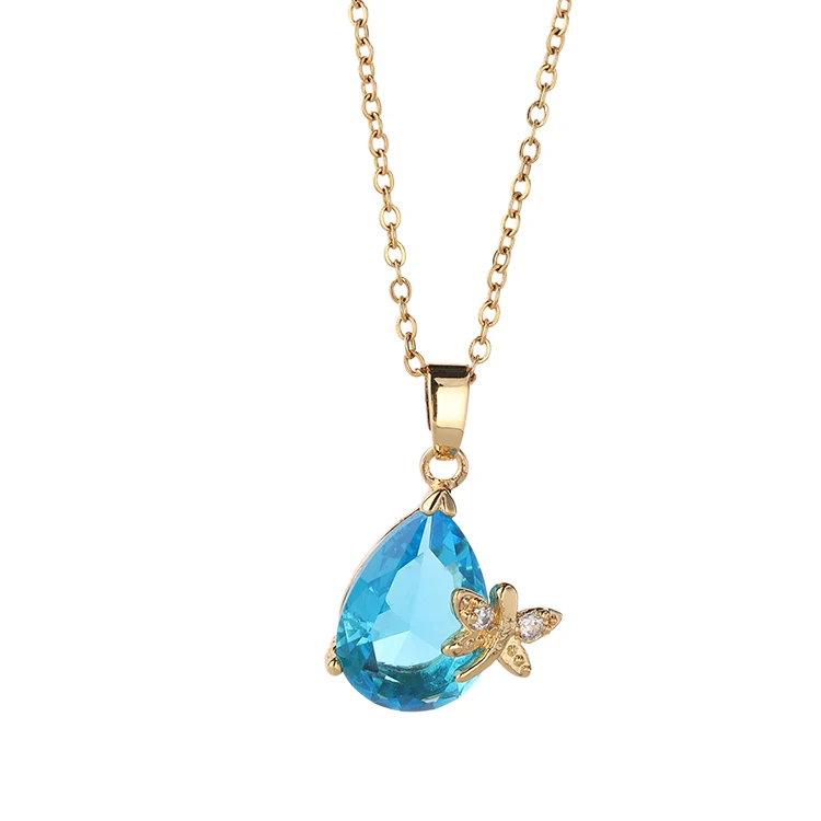 

Fashion 14K Gold Plated Blue Zircon Butterfly Pendant Feminine Jewelry Water Drop Necklace