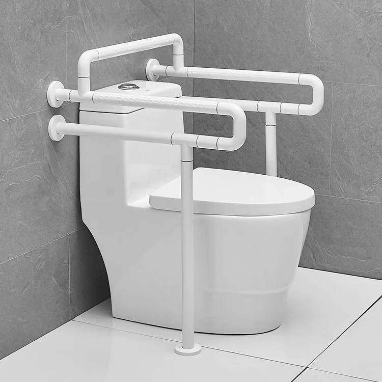 bathroom-grab-bar-stainless-3W009-white-full-frame-front-view-floor-leg-base-disc-tile-contact