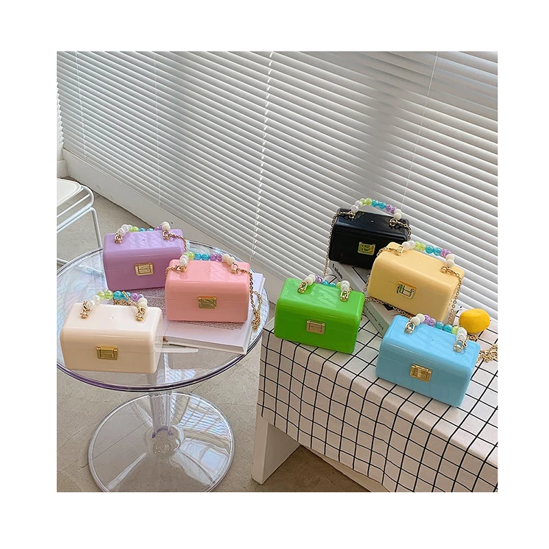

Acrylic Square Box Clutch Summer Trendy Colorful Beading Tote Purses and Handbags Ladies Jelly Crossbody Bags Chain Hand Bags