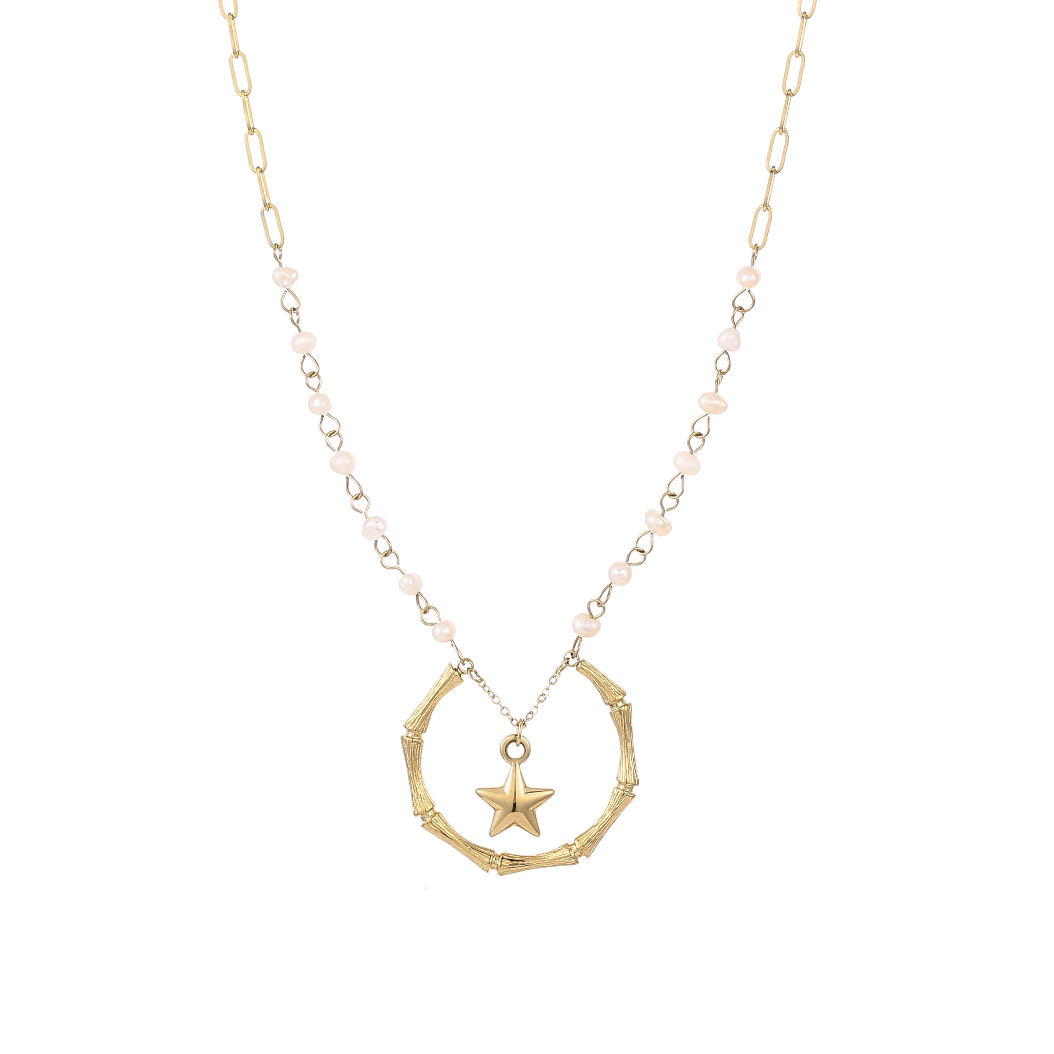 

Surgical Stainless Steel Gold Plated Star Fresh Water Pearl Pendant Paperclip Chain Necklace