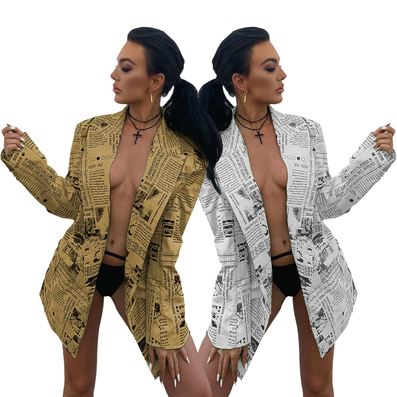 

Women Jacket for Autumn 4 Color Turn-Down Collar Coat Ladies Suits Long Sleeve Newspaper Print Women Blazers with Button, Green/yellow/white/blue