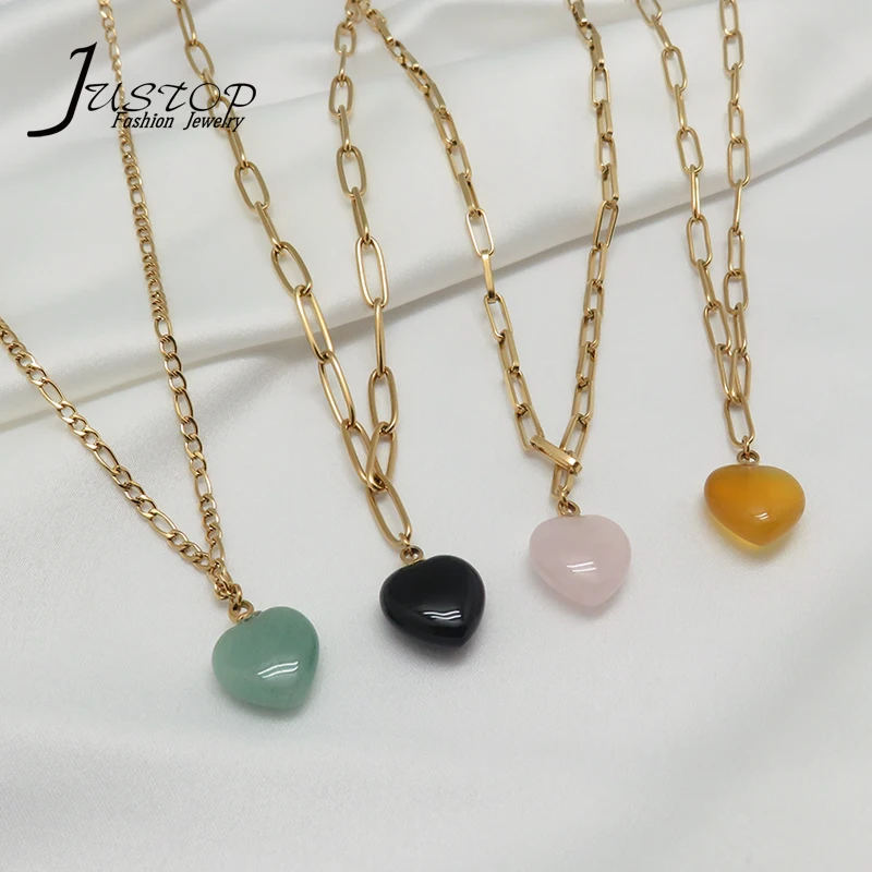 

18K Gold Plated Stainless Steel Fancy Chain Natural Stone Heart Pendant Necklaces Jewelry, As picture