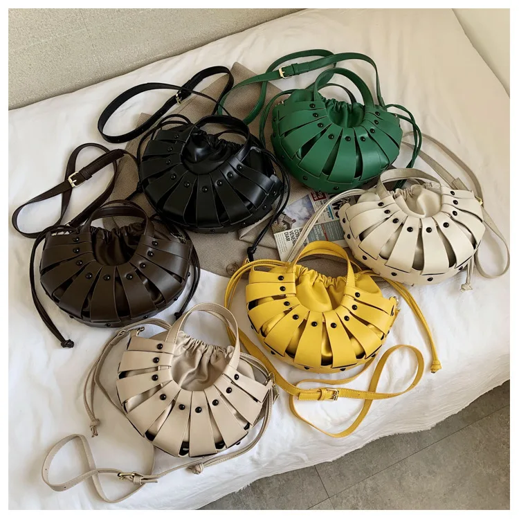 

Fashion Hollow Out Tote PU Leather Shoulder Bags For Women Half Round Designer Luxury Handbag Female Moon Shape Drawstring Bag, White, yellow, khaki, green, black, coffee