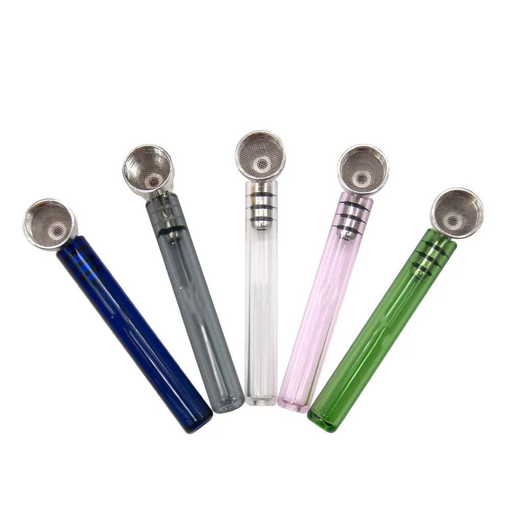 

Lowest Price Wholesale Glass Small Smoking Pipe Removable Herb Tobacco Pipas with Metal Weed Bowl Smoking Accessories, Blue / clear / pink / gray