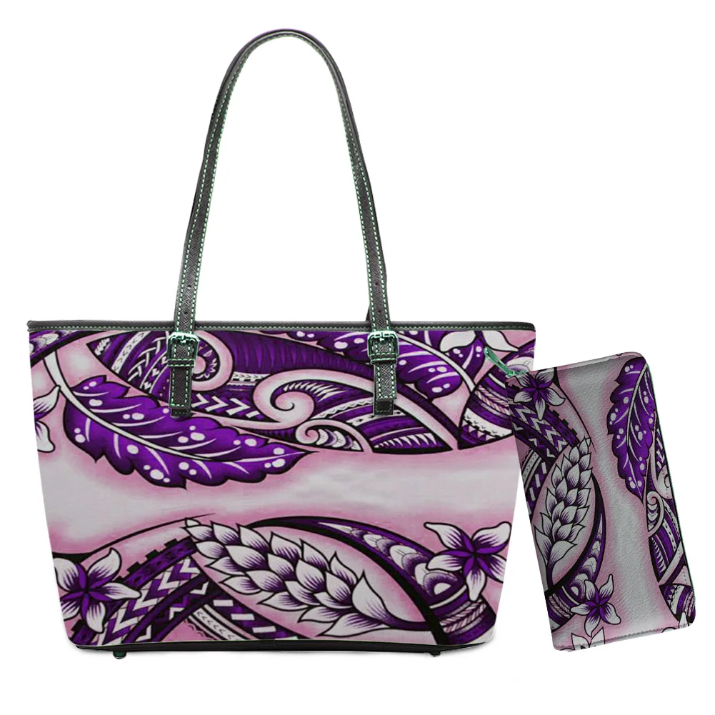 

DHVintage Custom Red Polynesian Floral Pattern Lady Handbags Set Luxury Pu Leather Tote Handbags For Women Large Shoes Handbags