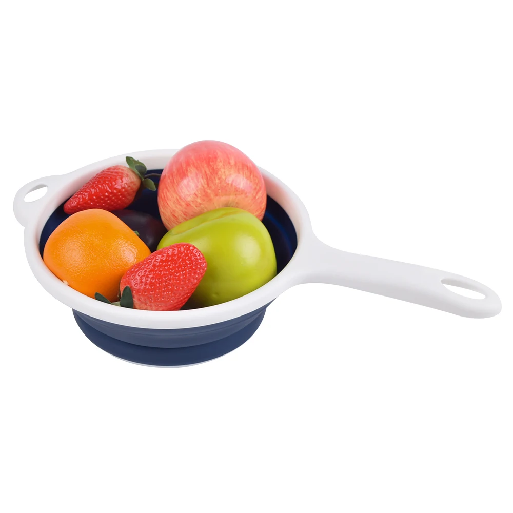 

Food Grade Kitchen Space Saver Foldable Silicone Fruits Drainer Strainer Collapsible Colander With Handle