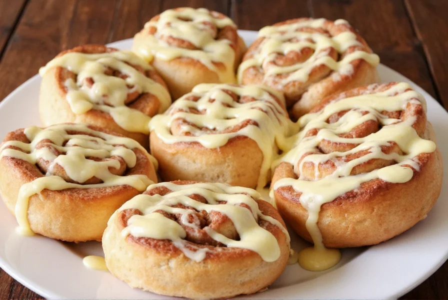 Freshly baked golden brown cinnamon rolls with cream cheese icing drizzled on top, served on a white ceramic plate with a rustic wooden background