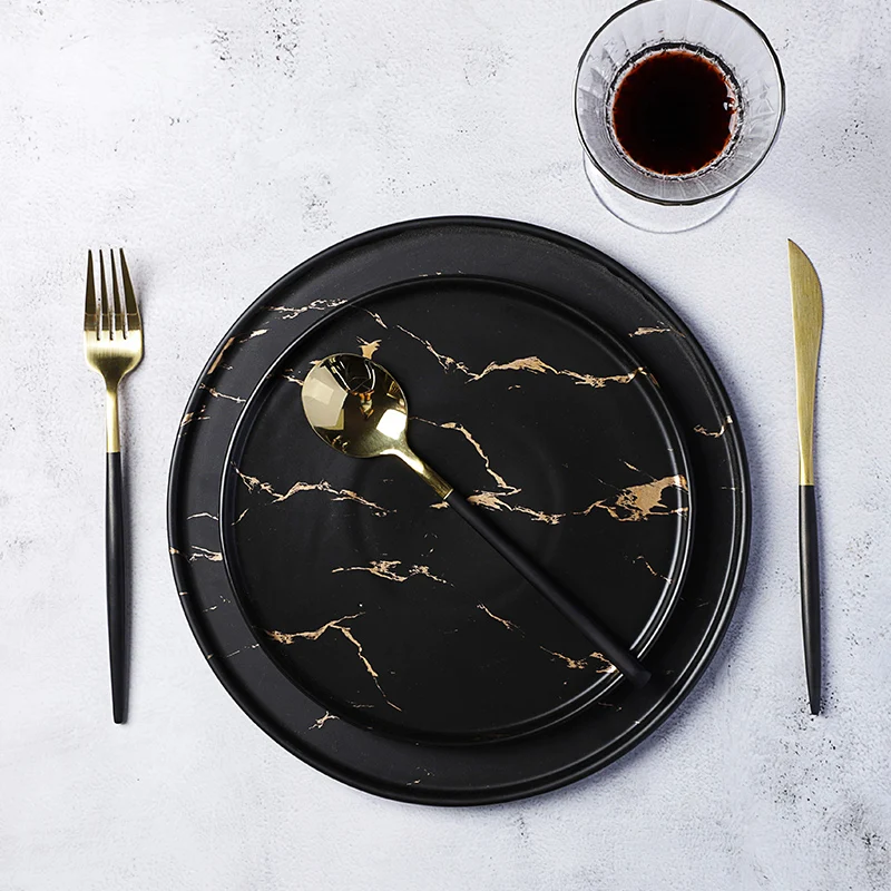 Eco Friendly Made In China Cafe Grey Marble Dinner Plate Ceramic Black Dishes Luxury, Black Dinner Dish Marble&