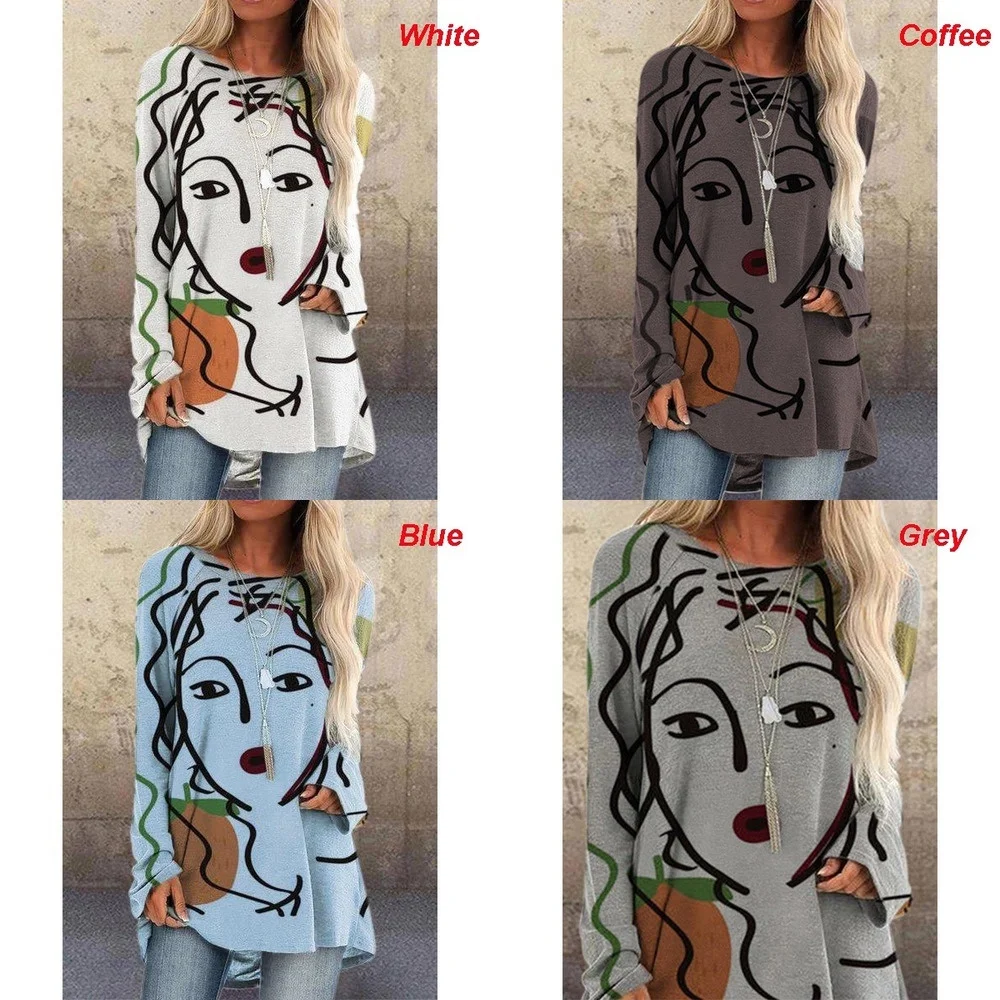 

New Custom Women's T-shirt Hot Sale Abstract Face Print Loose Long Sleeved T-shirt Plus Size Women's Clothing