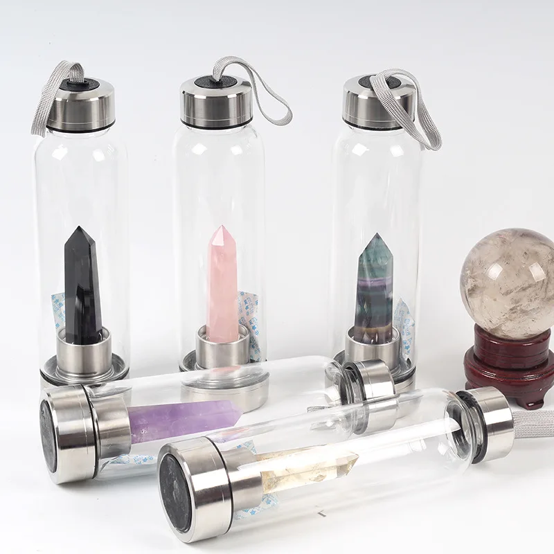 

ST custom printed 500ml high quality amethyst quartz stones drinking bottle natural crystal glass water bottle with string, As a picture/ custom