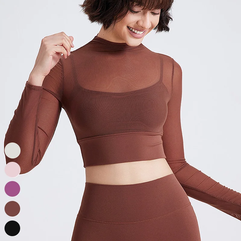 Wholesale Quick Dry Yoga Wear Sexy Breathable Mesh Sports Shirt Long Sleeve Tops Women Yoga Crop Top With Fixed Padded