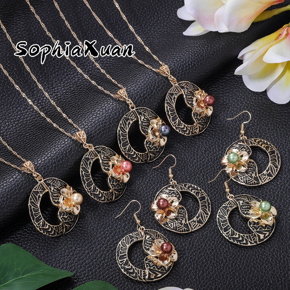 

SophiaXuan creative fashion samoan round bauhinia flower boho chic jewelry necklace sets wholesale hawaiian jewelry sets, Picture shows