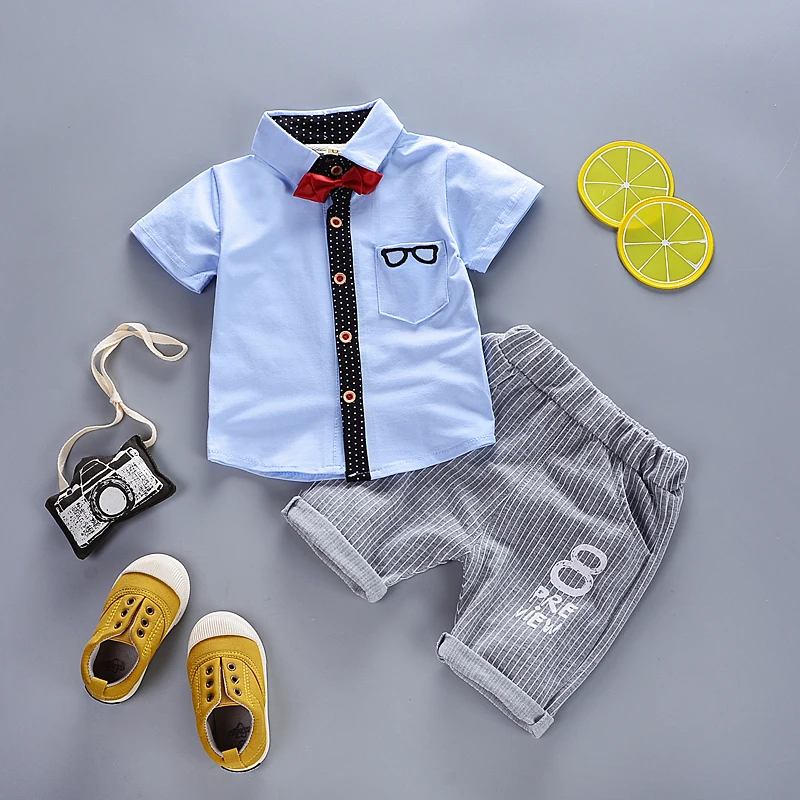 

Little Boy's Summer Knitted Fabric Solid Color Embroidery Button Shirt Suit Shorts Suit Breathable And Sweat-absorbent Summ