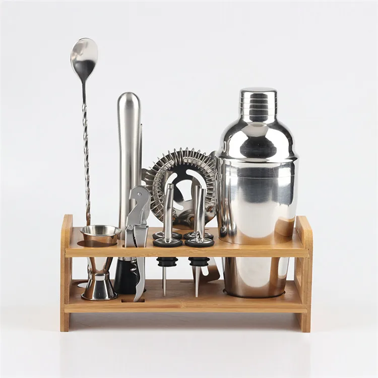 

Stainless steel bar accessories Coctail Shaker bartender kit wine accessories bar set cocktail tin with bamboo stand, Accept customize