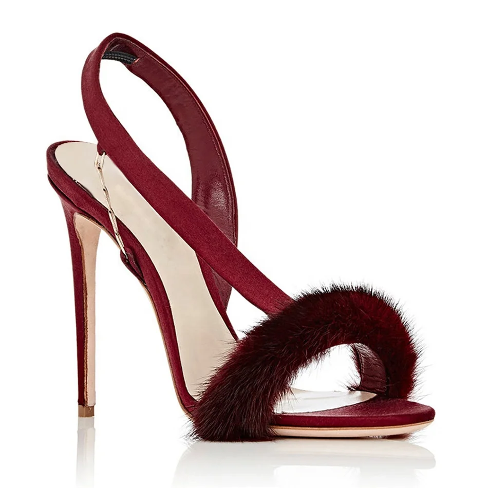 

Women Luxury Sandals Fur Sexy High Heels Open Toes Stiletto Sandals women Shoes, Black/deep wine/gray/tan