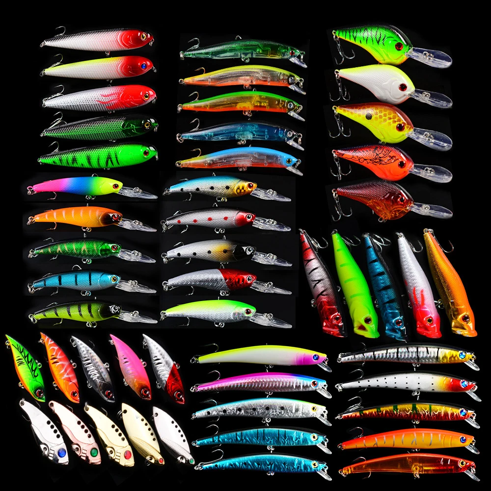 

50pcs artificial bait minnow crank pencil popper VIB fishing lure set with pp box, Vavious colors