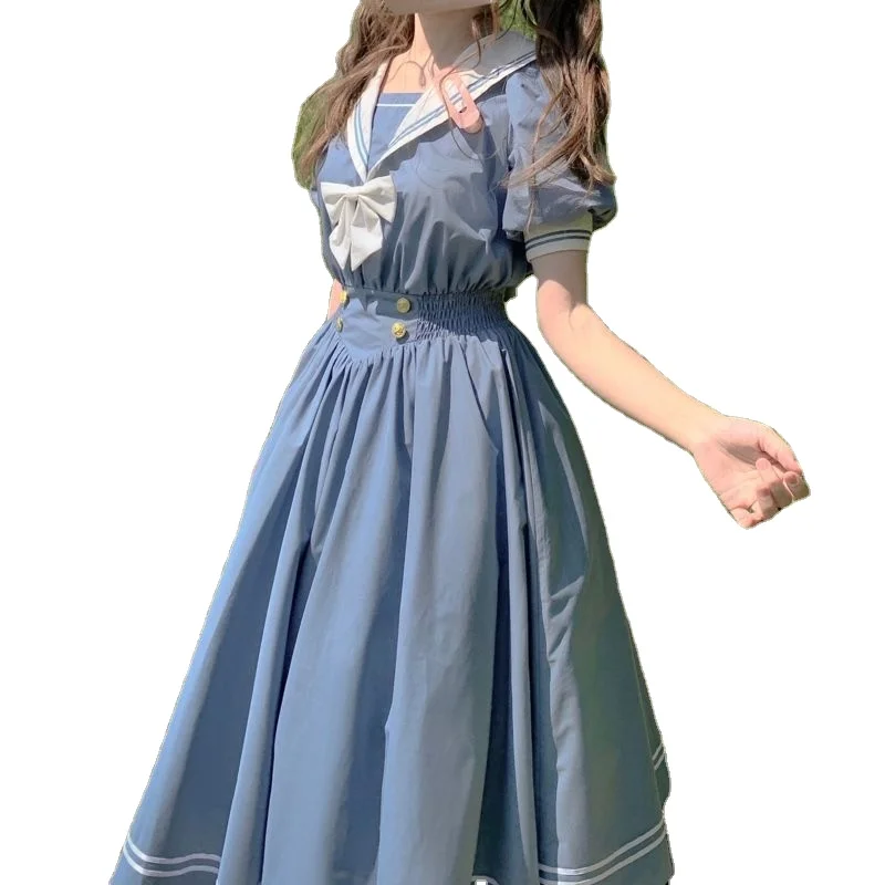 

Japanese Lolita Sailor Collar Sweet Bowknot Girl Retro Cotton Long Sleeve Dress Women Navy Dresses