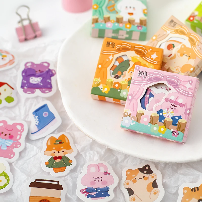 

New Design 45pcs per Pack Forest Animal Series Stickers Boxed Sticker for DIY Diary Handbook Decoration Kawaii Animal Label
