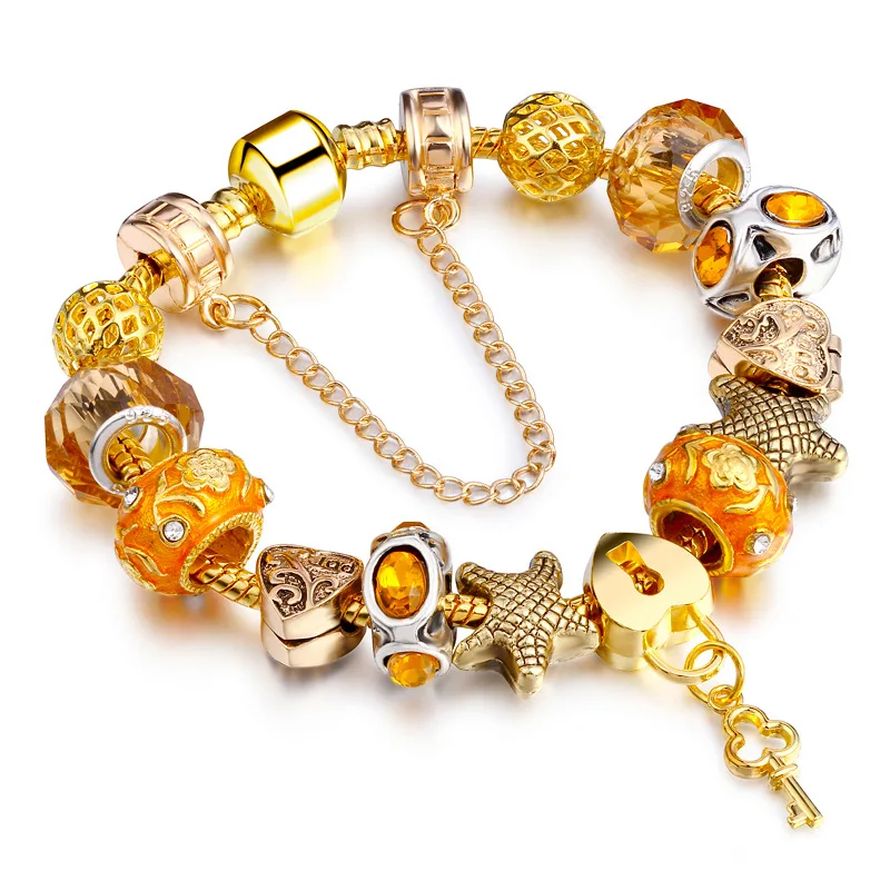 

European Fashion Women Jewelry 18K Gold Plated Snake Chain Austrian Crystal Bead Bracelet DIY Key Charm Heart Lock Bracelet