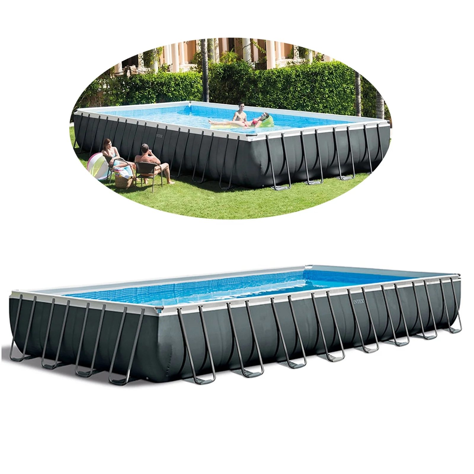 

Intex 26378 26374 32FT 9.75X4.88X1.32m Large Rectangular Steel Frame Swimming Pool Set, As photo