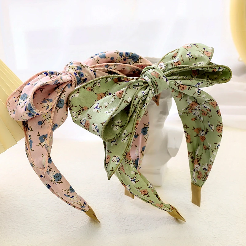 

2021 Fashion Spring Summer New Design Flower Printed Fabric Big Top Knotted Hair Bow Women Girl Floral Headband Accessories