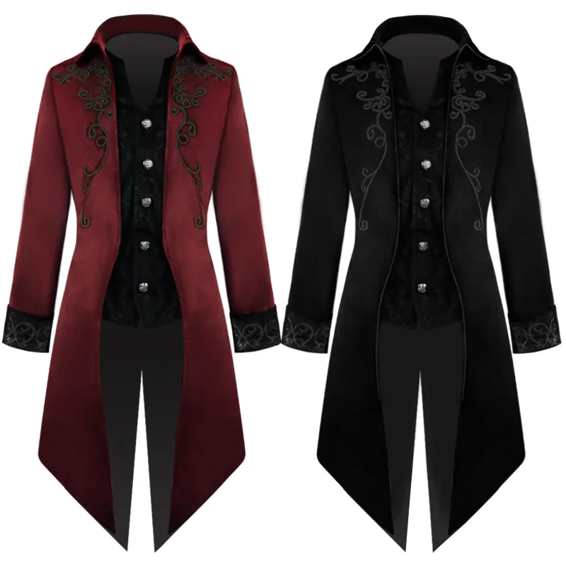 

Medieval cosplay costume Men corduroy steampunk jacket coat embroidery gentlman tailcoat tails winter jacket gothic, Black
