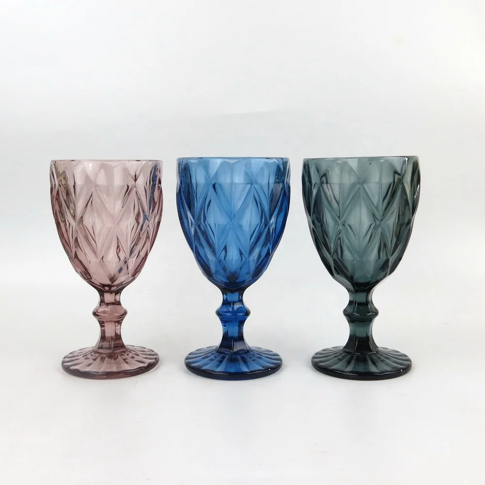 

Traditional Smokey Gray Purple Embossed Vintage Colored Blue Water Goblet Wine Glasses for Bar and Wedding