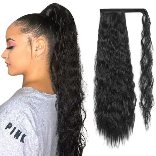 

G&T Wig Long Corn Wave Ponytail Extension Synthetic Wrap Around Ponytail Black Curly Hairpiece for Women (1B,22 inch)