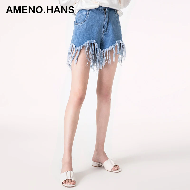 

2021 Unique Design Summer High Waist Jeans Tassel Shorts Denim Shorts Women, Black
