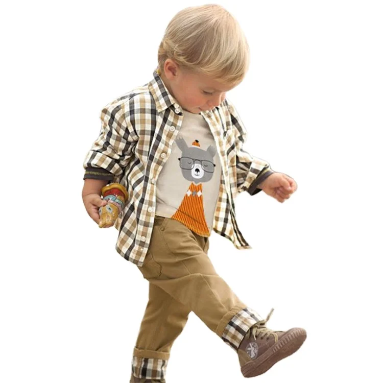 

England Style Spring Autumn Plaid Kids Clothing 3 Pieces Sets Chic Casual Children Boys Clothes, Brown