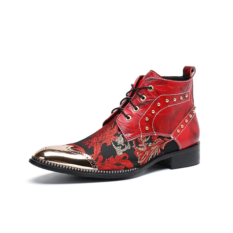 

Dropshipping Fashionable Festive Men's Winter Boots Red Square Heel Steel Toe Head Rivet Cross Strap Men Party Boots