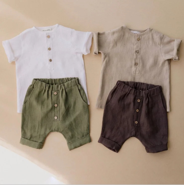 

100% Organic Cotton Summer Cotton and Linen Formal Short Baby Romper Set