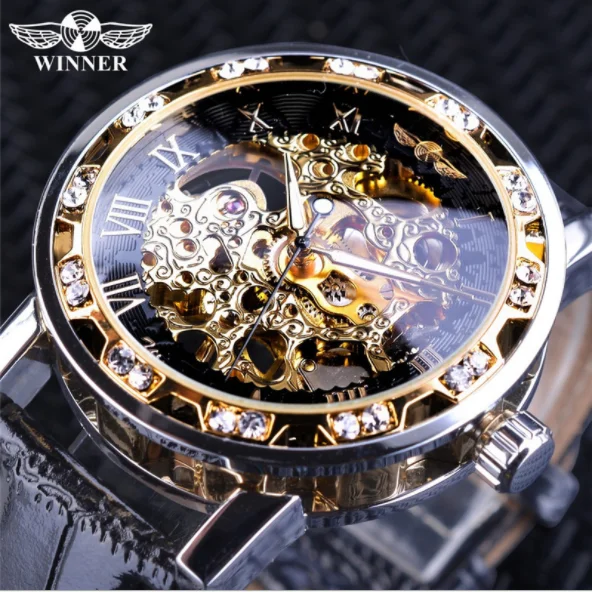 

Top Brand Winner Fashion Golden Retro Watch Mens Mechanical Skeleton Diamond Display Luxury Wrist Watch Clock Relogio Masculin, 10colors