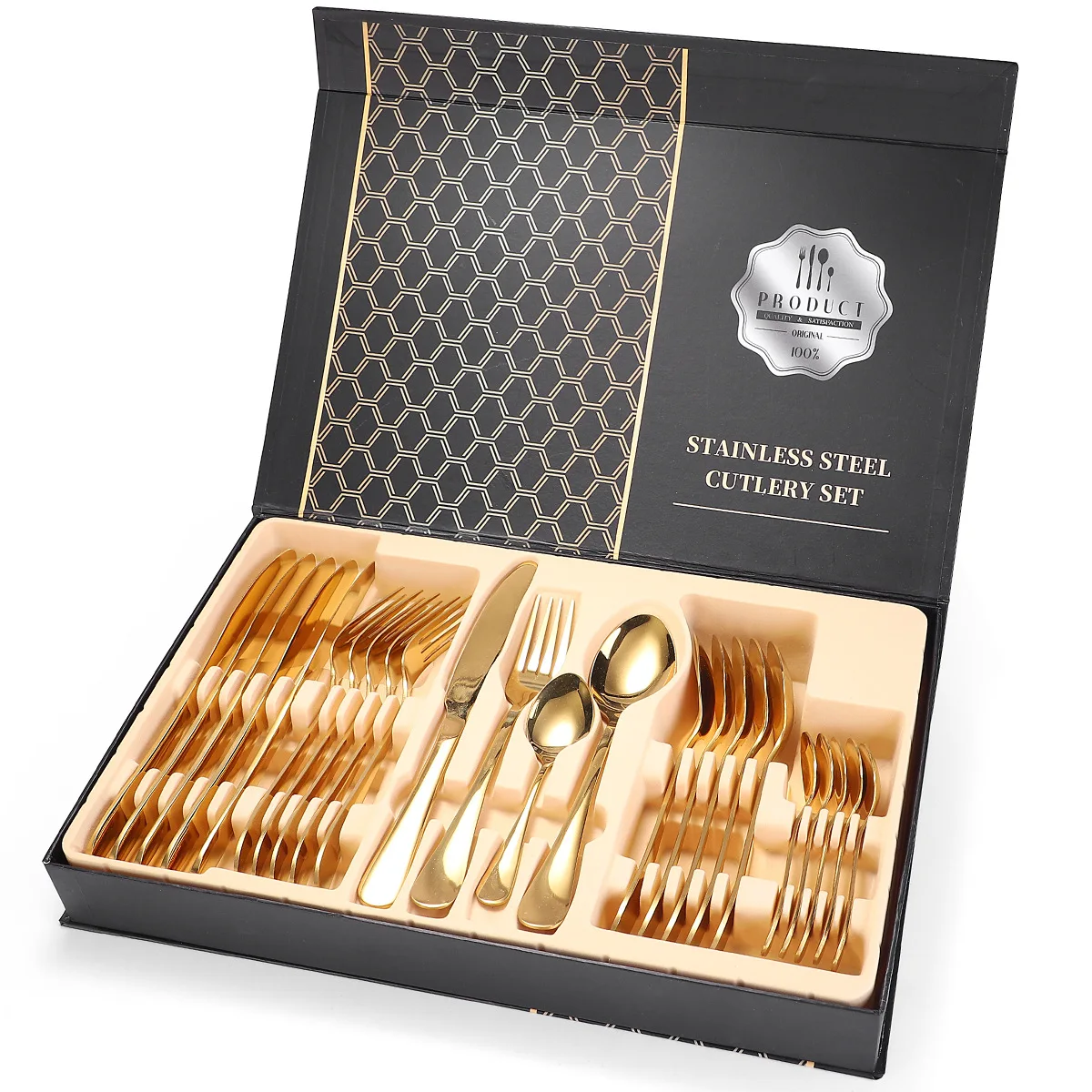 

Amazon Hot Sale Stainless Steel Flatware 24 PCS Cutlery Set With Gift Box, Custom