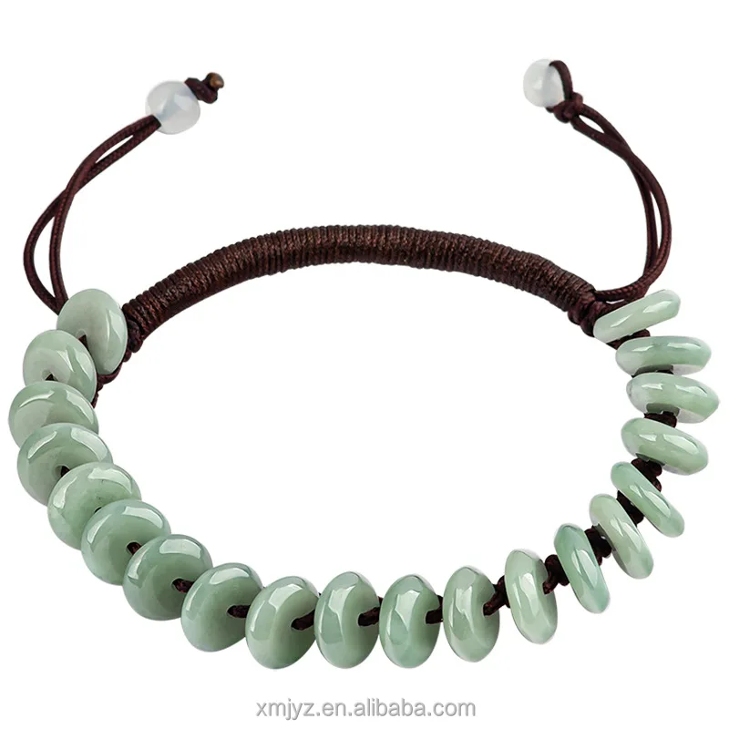 

Certified Grade A Natural Myanmar Jadeite Peace Buckle Carrying Strap Ice-Like Light Green Jade Weaving Bracelet Women's