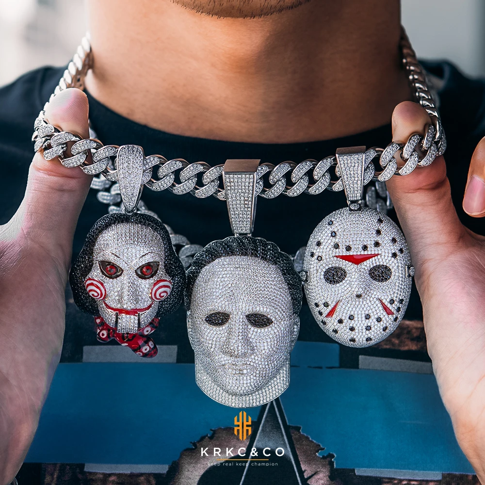 

Custom Pendant Hiphop Jewelry Mask Pendant Necklace White Gold Iced Out Horror Scary Ghost Crystal KRKC Saint Halloween Brass