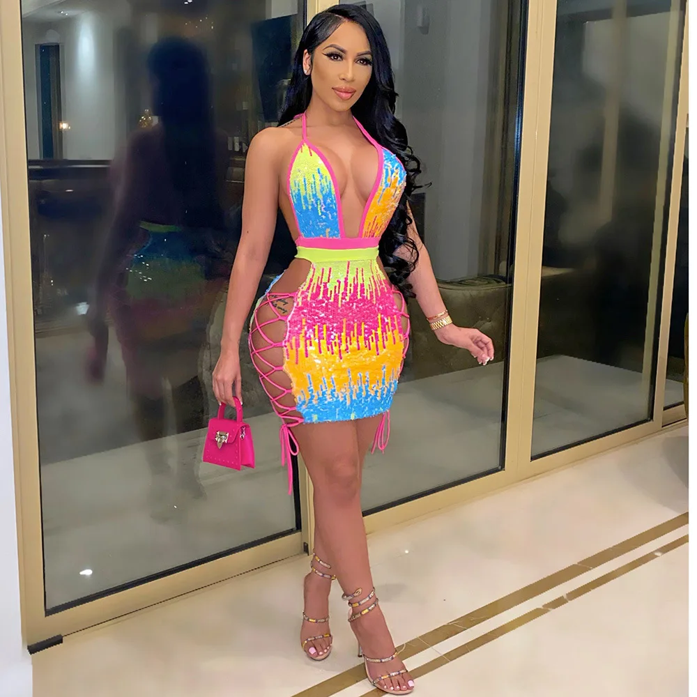 

H5747 - sexy fashion women sleeveless halter backless sequin strap mini dress