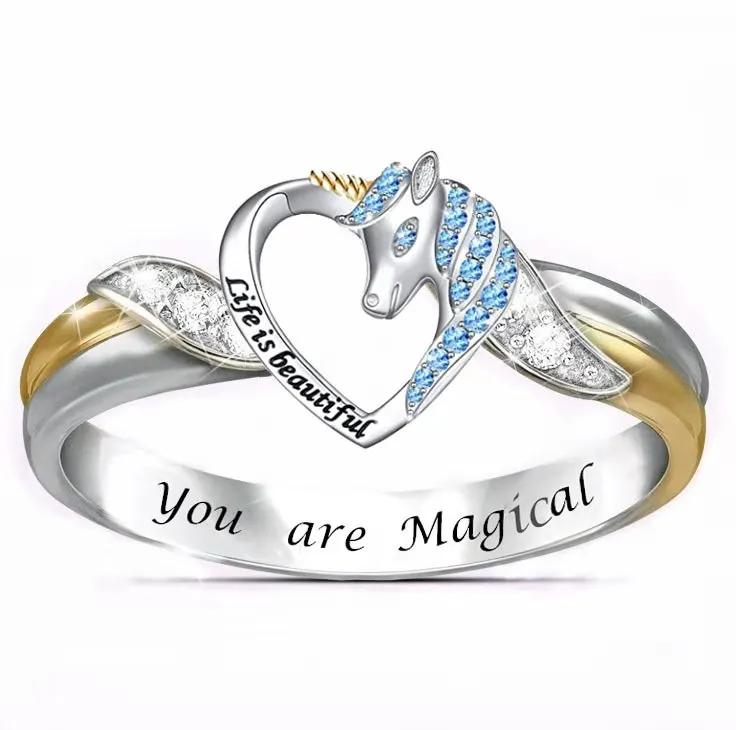 

New fashion fairy tale heart-shaped ocean unicorn girl ring