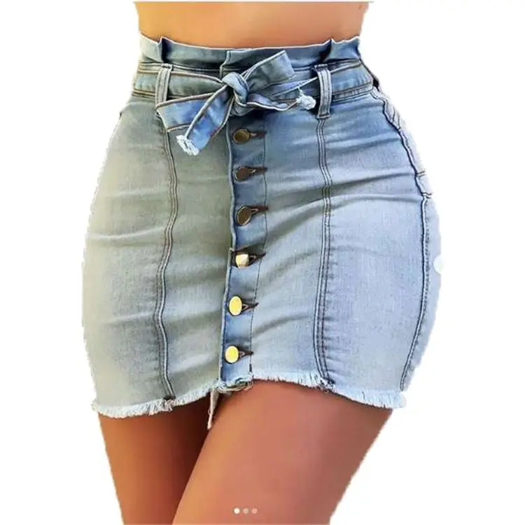

0620M327 wholesale Casual Ladies Summer Sexy Button With Belt Dress Women Cloth Short Mini Denim Jeans Skirts