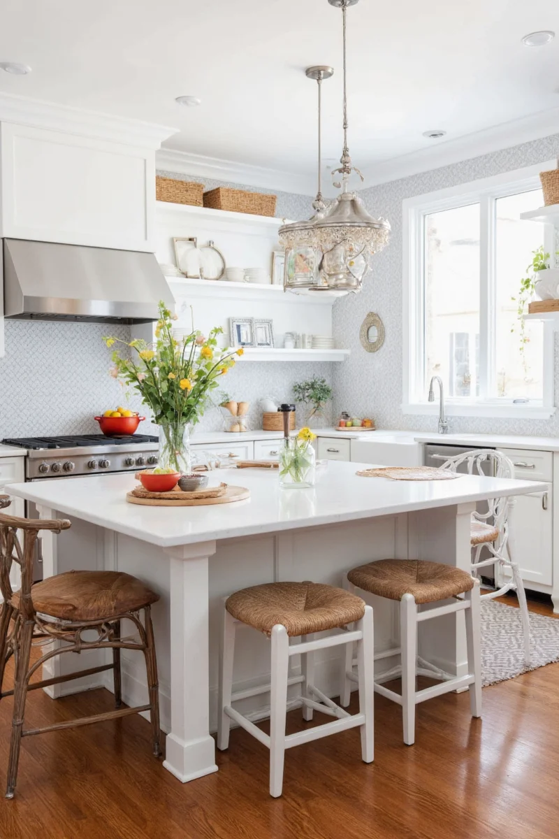 Kid-friendly craft area on one side of kitchen island