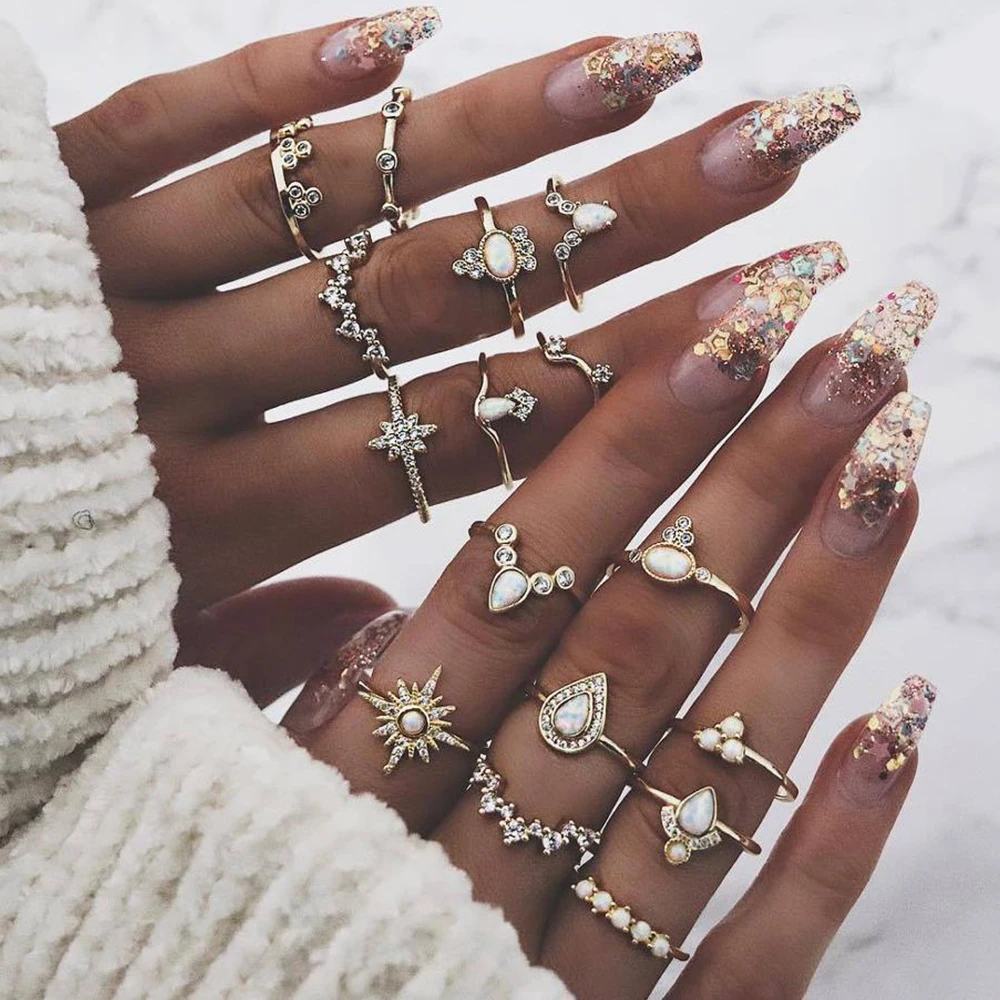 

19061810 Hand Ring Fashion Accessories Women Bohemian Fatima Hand Crown Hollow Caved Flower Geometric Crystal Joint Rings