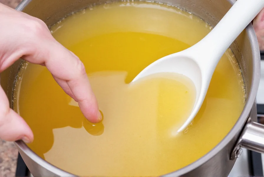 A saucepan with a creamy sauce being stirred using chicken stock