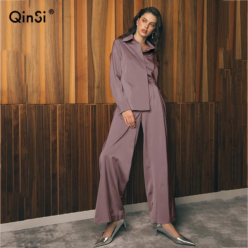 

QINSI Fall Winter Women Extra Long Hooded Suits 80% Satin Fleece Oversized Boyfriend Sweatshirt Elastic Waist Harem Pants Sets