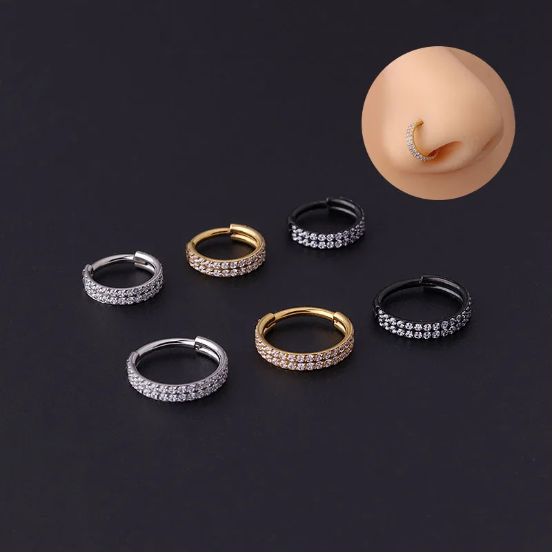 

Dropshipping Stocks Sell Piercing Jewelry Titanium Stainless Steel Nose Rings Hinged 2 Rows CZ Lip Clicker Ear Cartilage Tragus