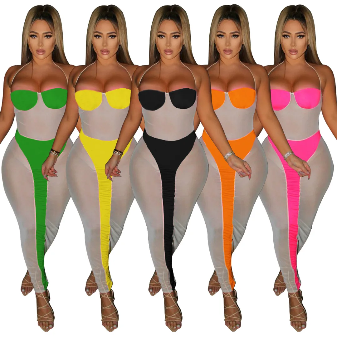 

Z8162 - fashion sexy sleeveless halter mesh patchwork women dress