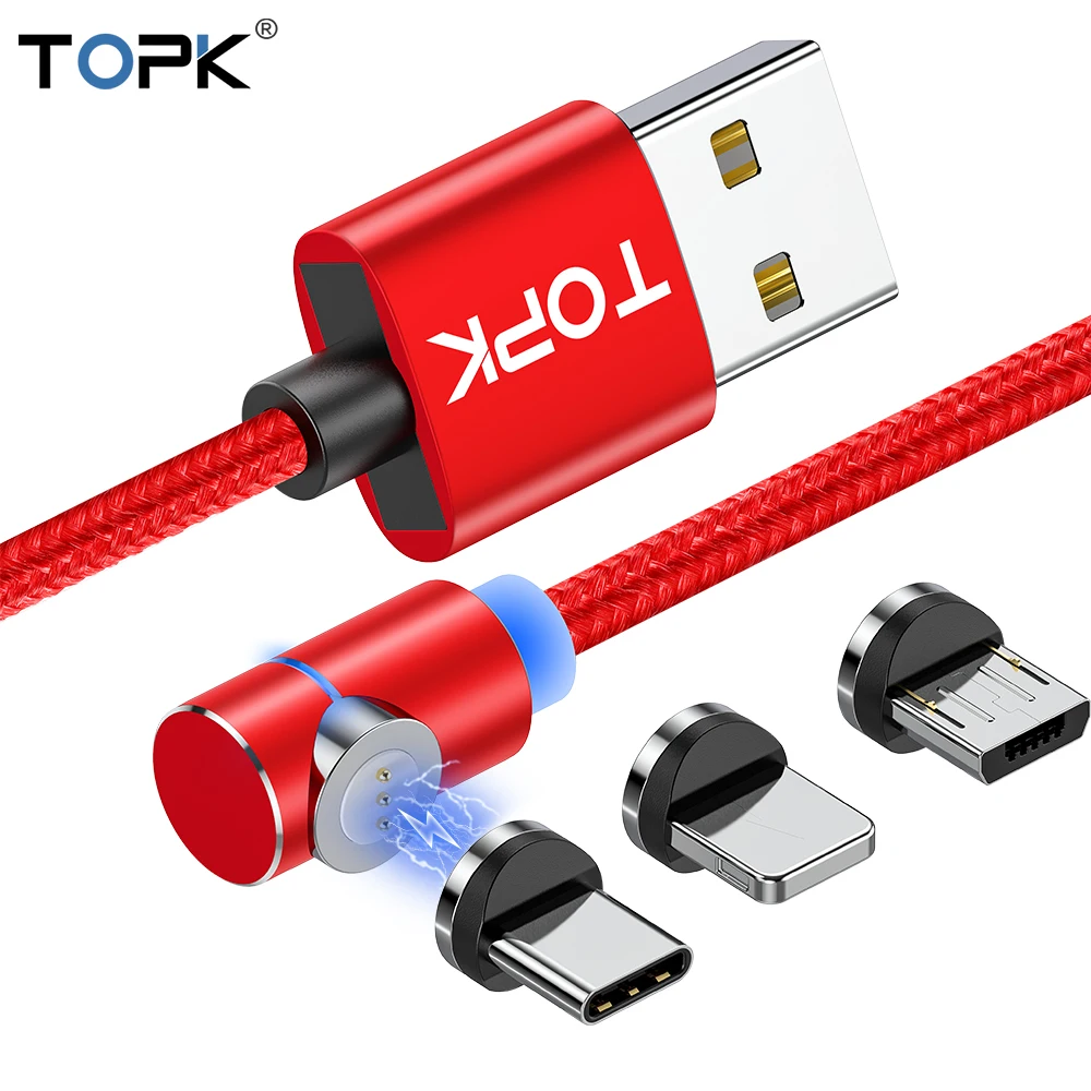 

Free Shipping TOPK 2M 2020 Upgrade 3rd Gen 3A Fast Charging 90 Degree LED Magnetic Micro USB Type C Cable, Black/red