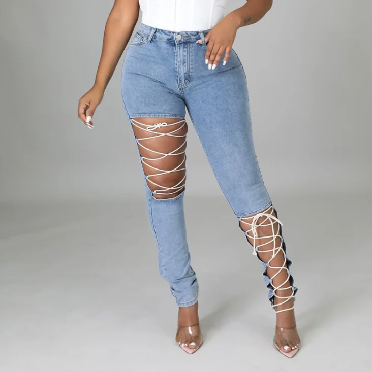 

2021 Women's Fashion Denim Pants Skinny Jeans with Stretch Holes, Light blue