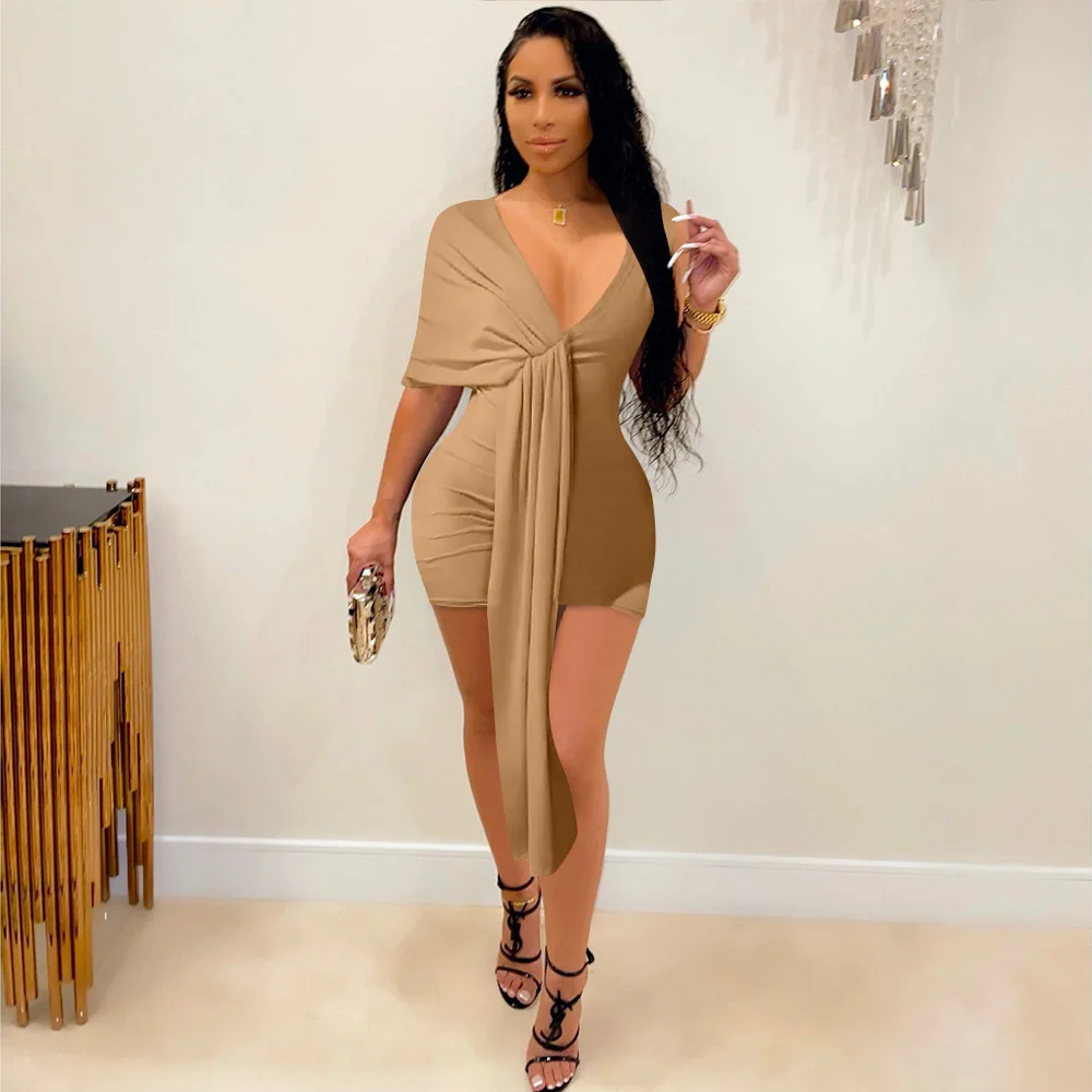 

2022 Women's New Solid color short-sleeved strapless tight temperament package hip dress 2022 new arrivals, White black rose red khkai green