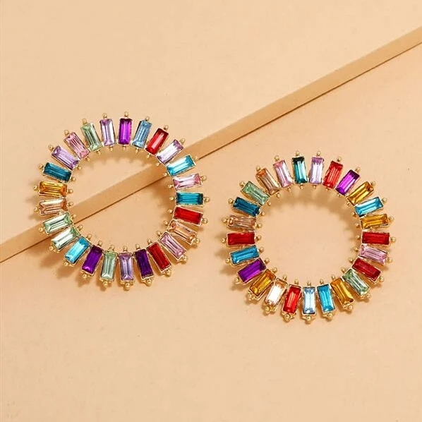

2021 New Arrival Bohemia Geometry Earrings Jewelry Rhinestone Round Stud Earrings for Women Girls, Picture shows